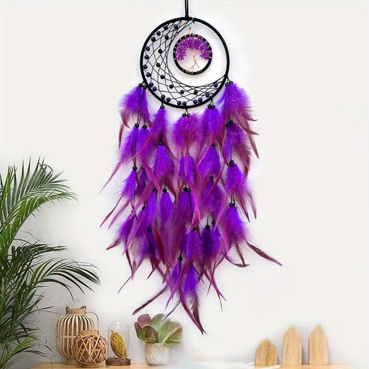 1Pcs Polychrome Feather Pendants, Handmade Woven Life Tree Dream Catcher Wall Decorations, Room Decoration Crafts