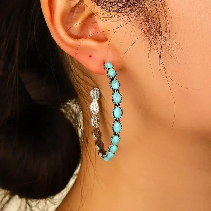 Western Jewelry Bohemian Vintage Simulated Turquoise C-Shaped Large Circle Earrings for Women Girls