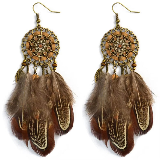 Fashion Long Tassel Brown Feather Bride Wedding Earrings Bohemian Vintage Wooden Beads Dangle Earrings for Women Indian Jewelry