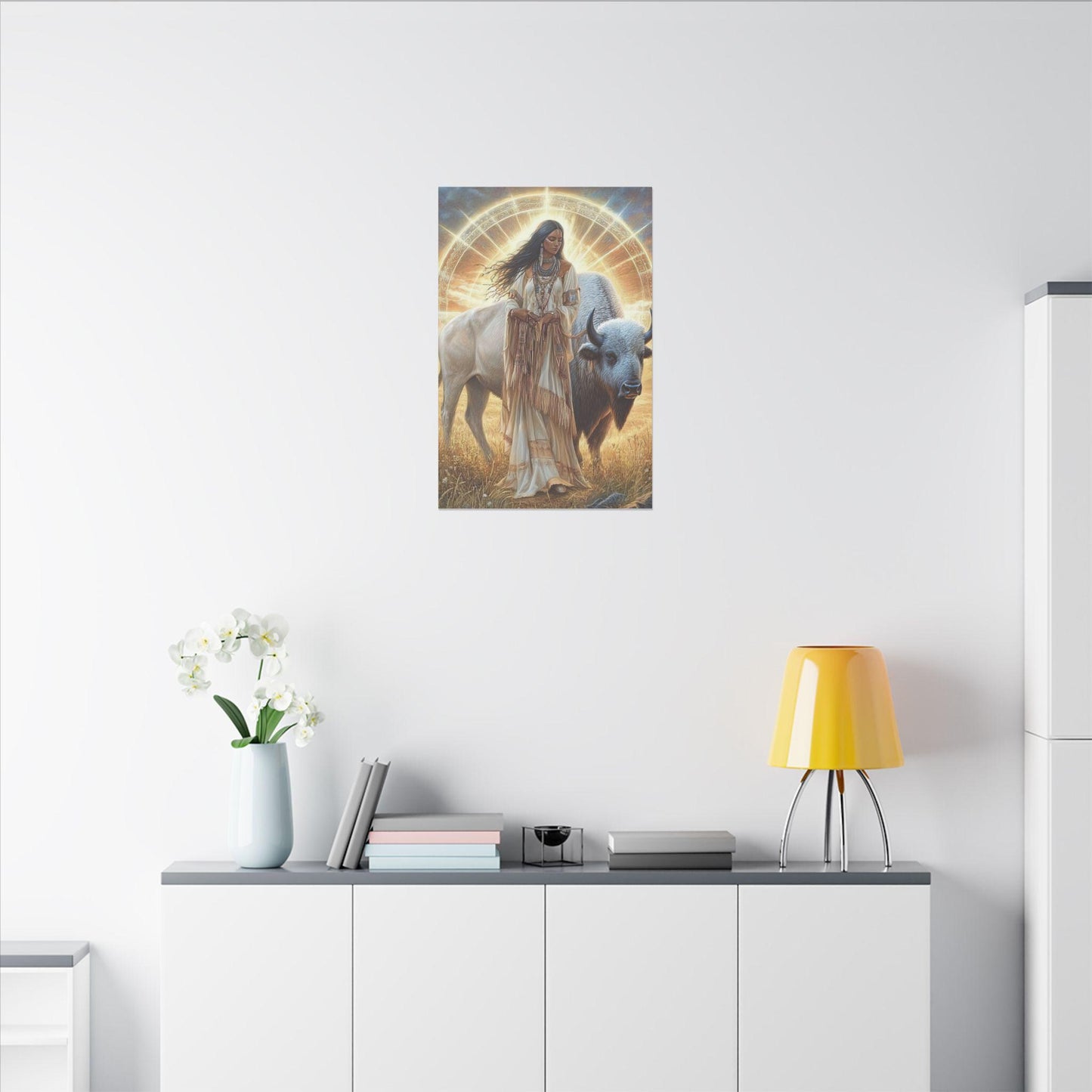 White Buffalo Calf Woman Golden Hour Canvas Wall Art, Sacred White Buffalo Artwork, 7 Sizes