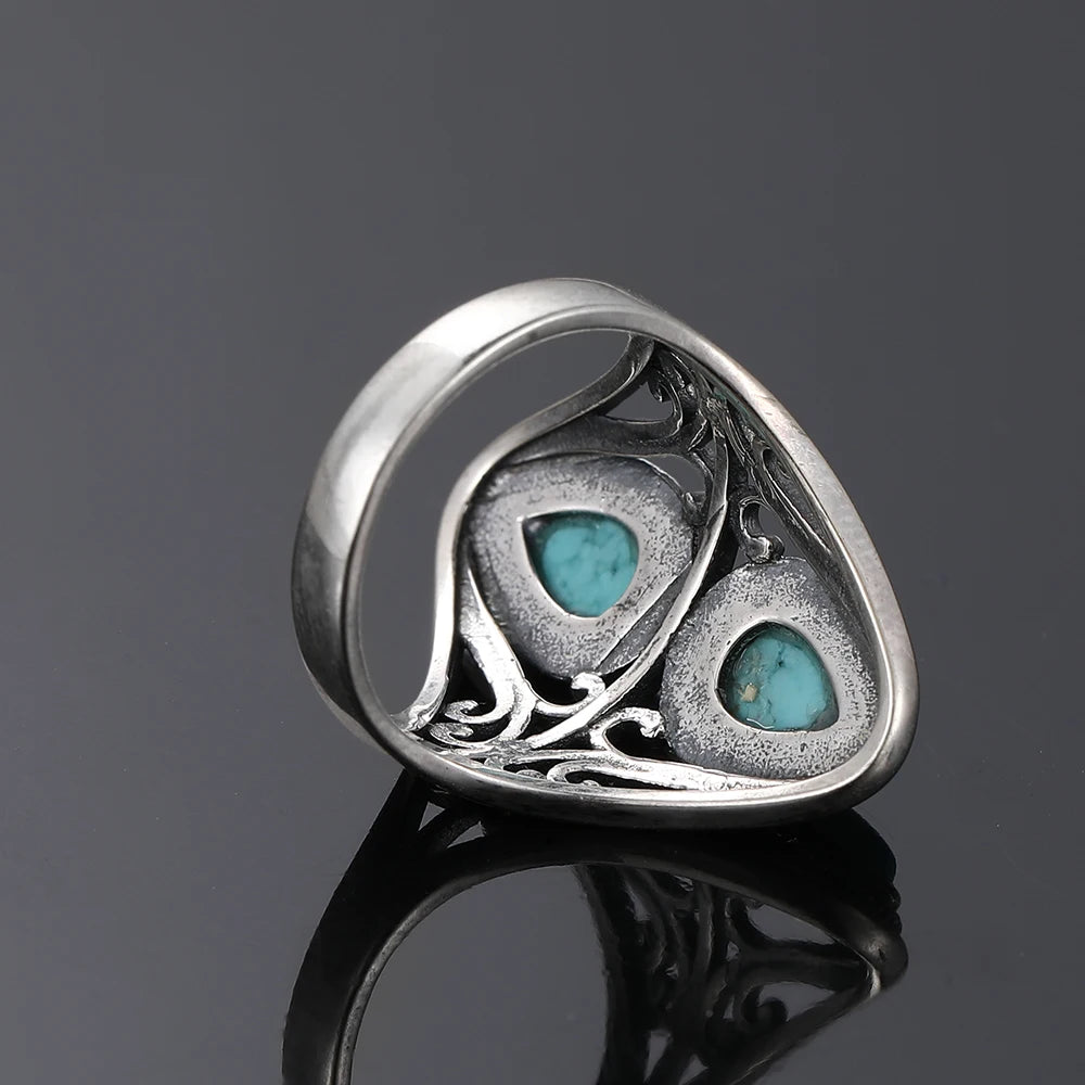Vintage Natural Turquoise Rings for Women Men Retro Original Design Bohemian Ring S925 Silver Gemstone Female Fine Jewelry Gifts