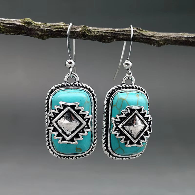 Bohemian Shield Design Geometric S Earrings for Women Tribal Jewelry Antique Silver Color Blue Stone Earring