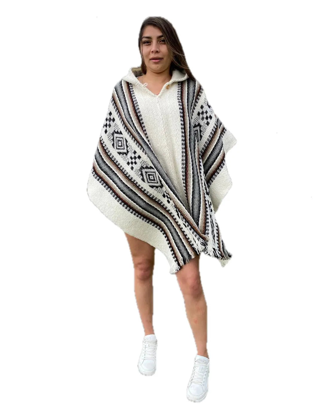 Handmade Wool Poncho: Geometric Tribal Design Hooded Cape