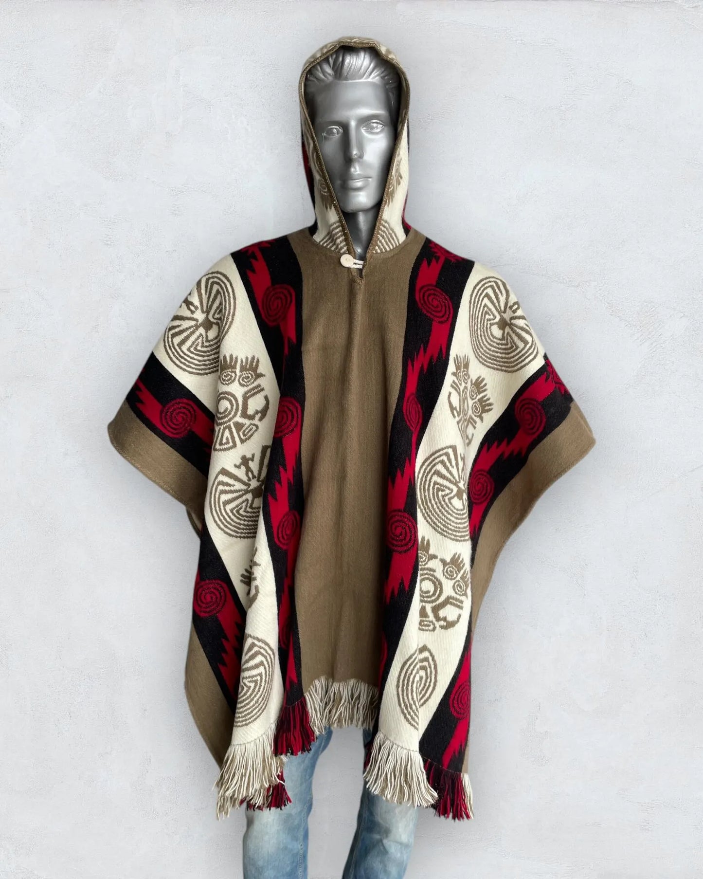 Alpaca Wool Poncho in Beige/Red. Navajo Southwestern Poncho Handcrafted by Indigenous Hands. Soft and Warm with Hood. One Size Unisex Use.