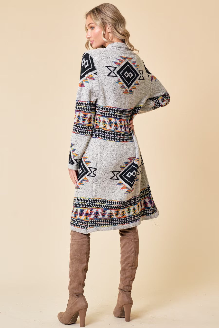 Boho Aztec Tribal Cowichan Southwestern Knit Long Cardigan Sweater Duster Coat Top Western Fall Winter Women'S Outerwear