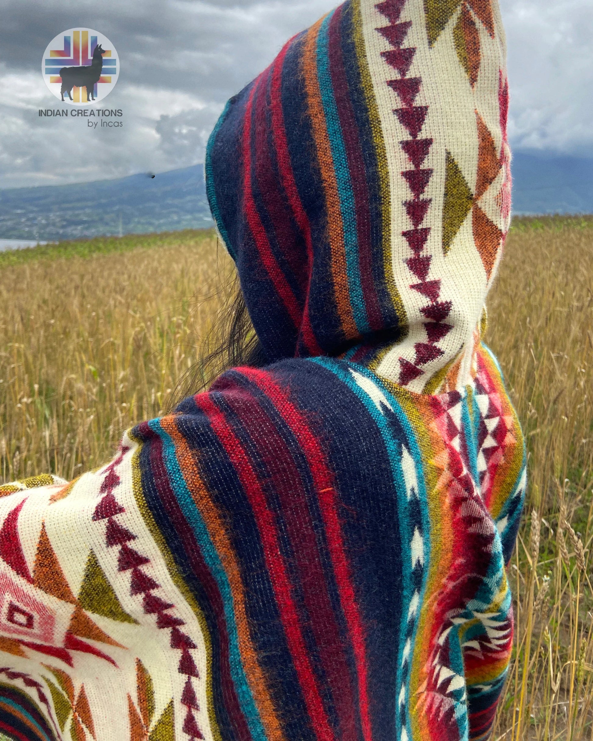 Alpaca Wool Poncho (Blue & Red). Unisex. Exclusive Design! Crafted by Indigenous Hands. One Size, a Hooded Poncho.Free SHIPPING! Gift Ideas.