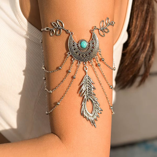 Vintage Metal Feather Pendant Upper Arm Bracelet Boho Metal Pattern Metal Arm Bracelet Women Indian Dance Body Jewelry