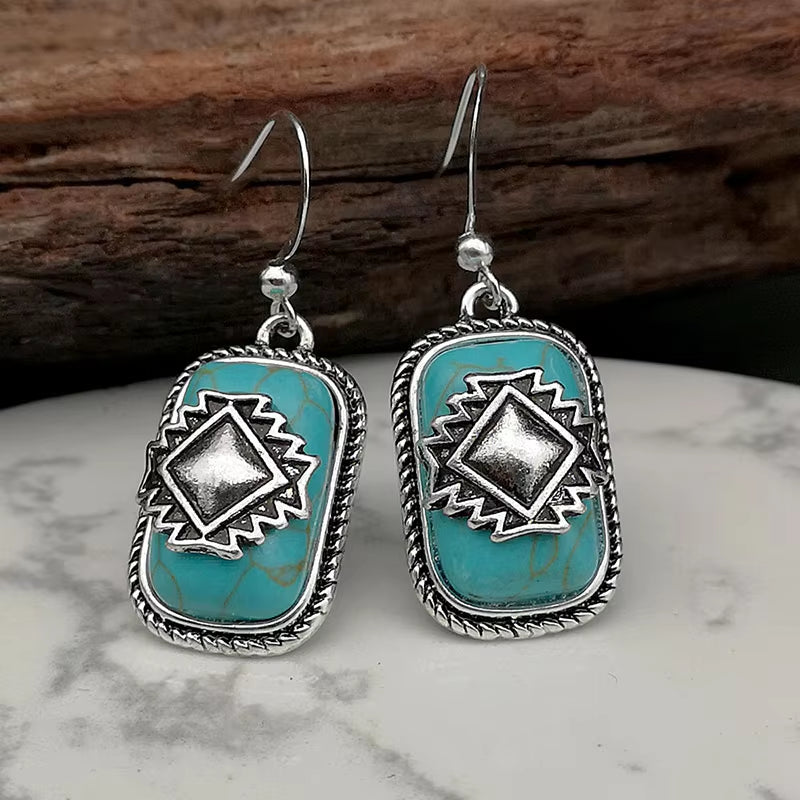 Bohemian Shield Design Geometric S Earrings for Women Tribal Jewelry Antique Silver Color Blue Stone Earring