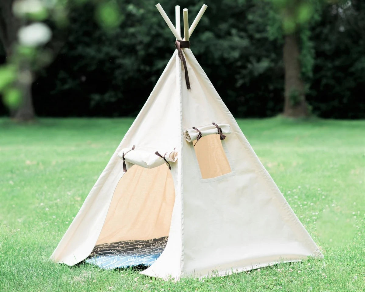 Kids Canvas Teepee Play Tent with Roll up Door and Window, Two Great Sizes, with Blue Arrows or Natural Mat