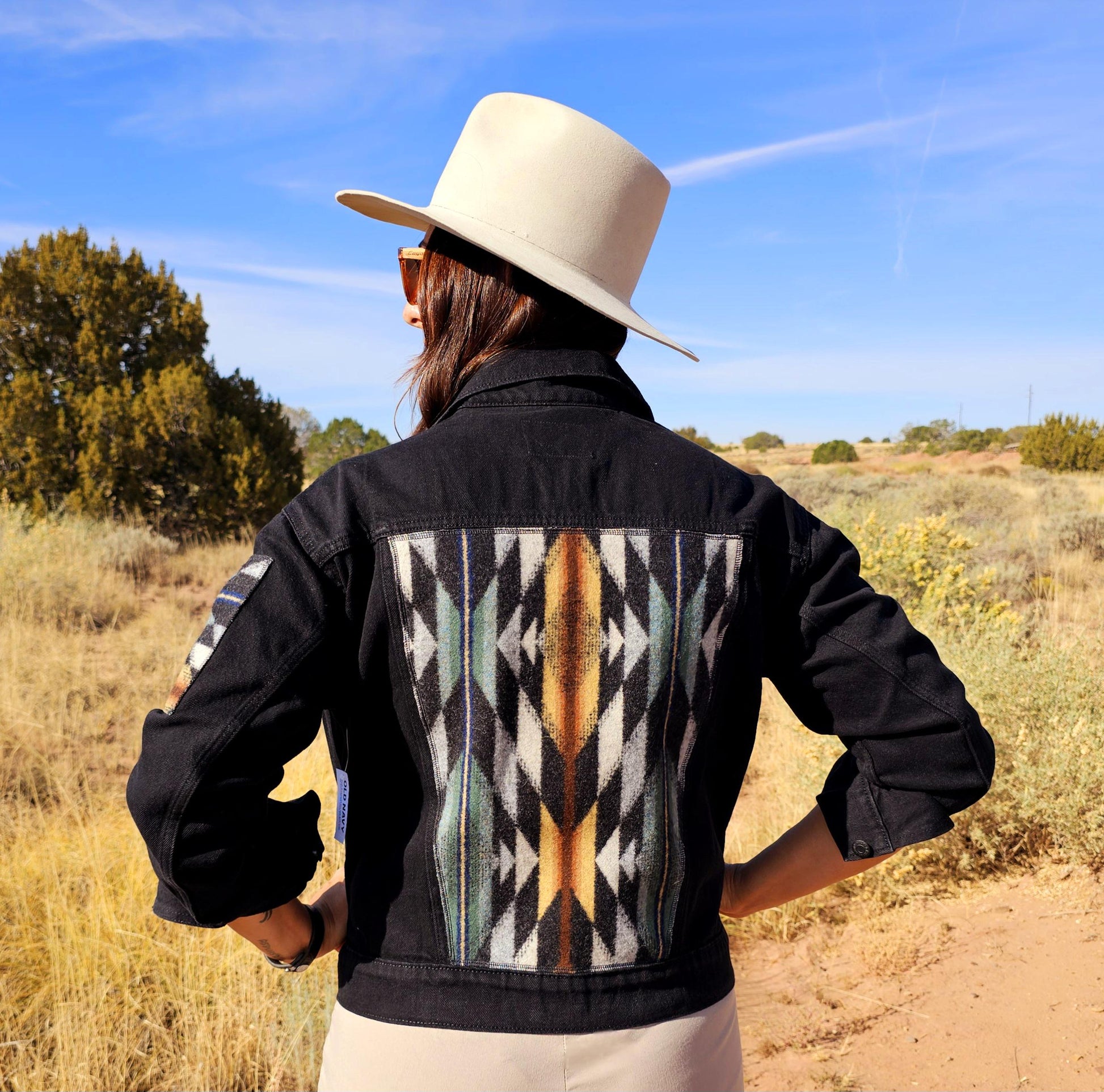 Black Denim Jacket, Jean Jacket, Western Outerwear, Upcycled Coat with Back Panel Patches, Wyeth Trail, Wool Patches, Cowgirl Gifts, Rodeo