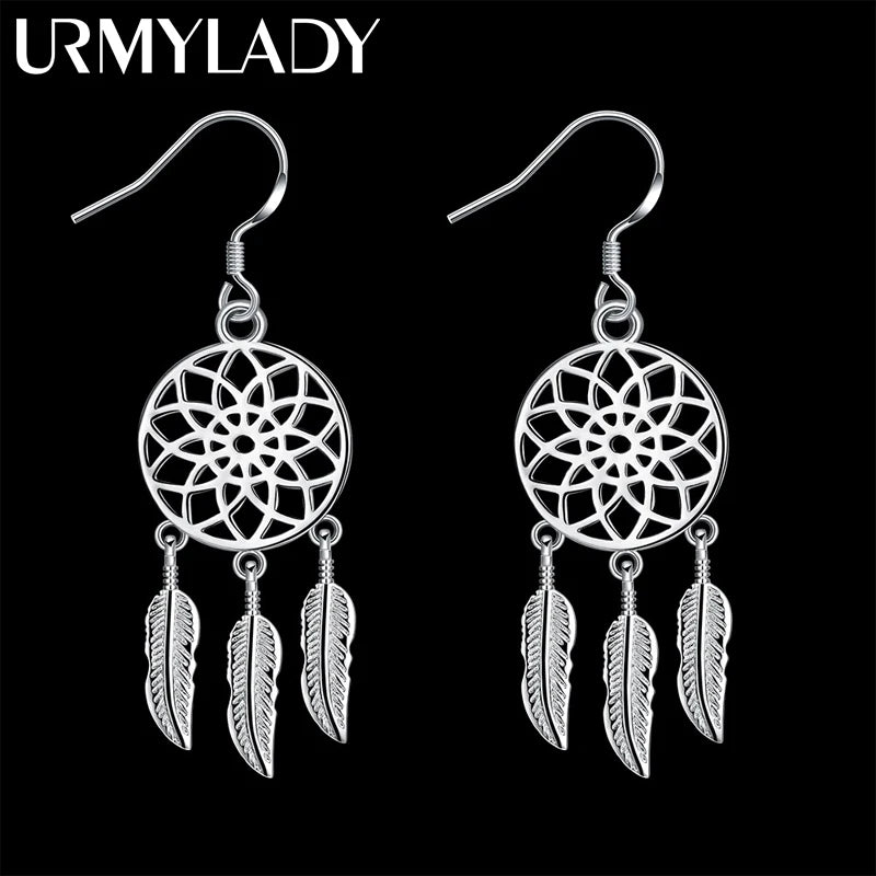 Hot High Quality 925 Sterling Silver Dream Catcher Feathers Earrings for Women Fashion Party Wedding Accessories Jewelry Gifts