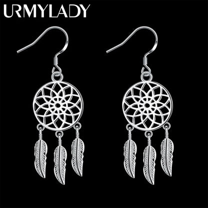 Hot High Quality 925 Sterling Silver Dream Catcher Feathers Earrings for Women Fashion Party Wedding Accessories Jewelry Gifts