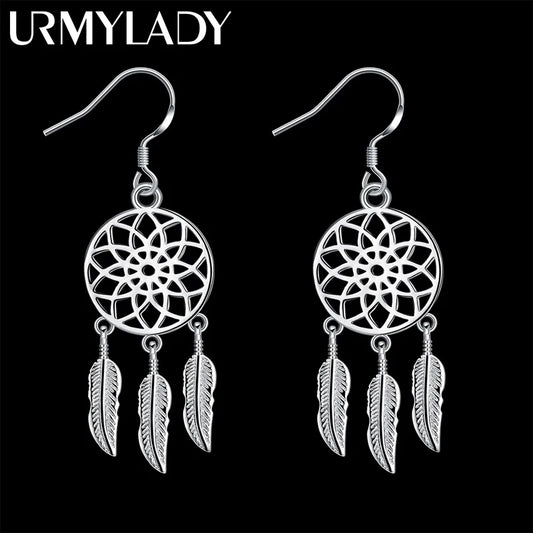 Hot High Quality 925 Sterling Silver Dream Catcher Feathers Earrings for Women Fashion Party Wedding Accessories Jewelry Gifts