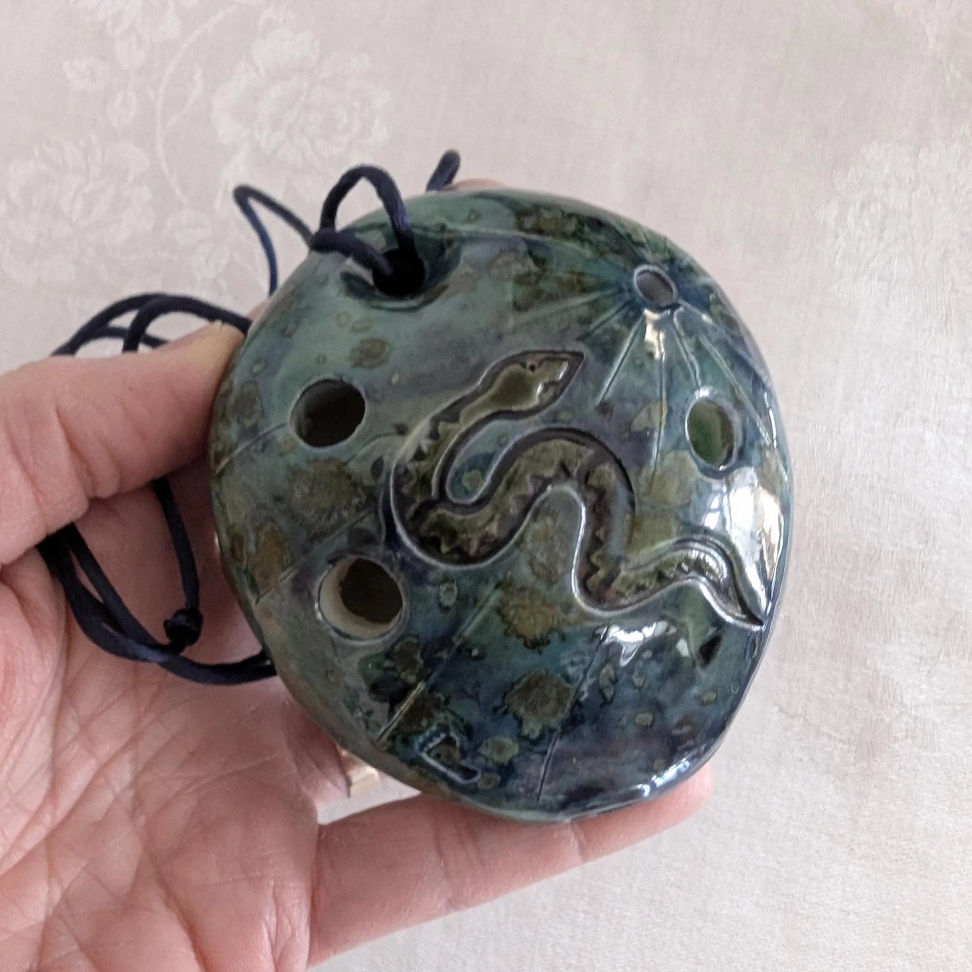 Vintage Artisan-Made 5-Hole Flute, Whistle, Ocarina, Southwest Theme, Snake, Cactus, Footprint