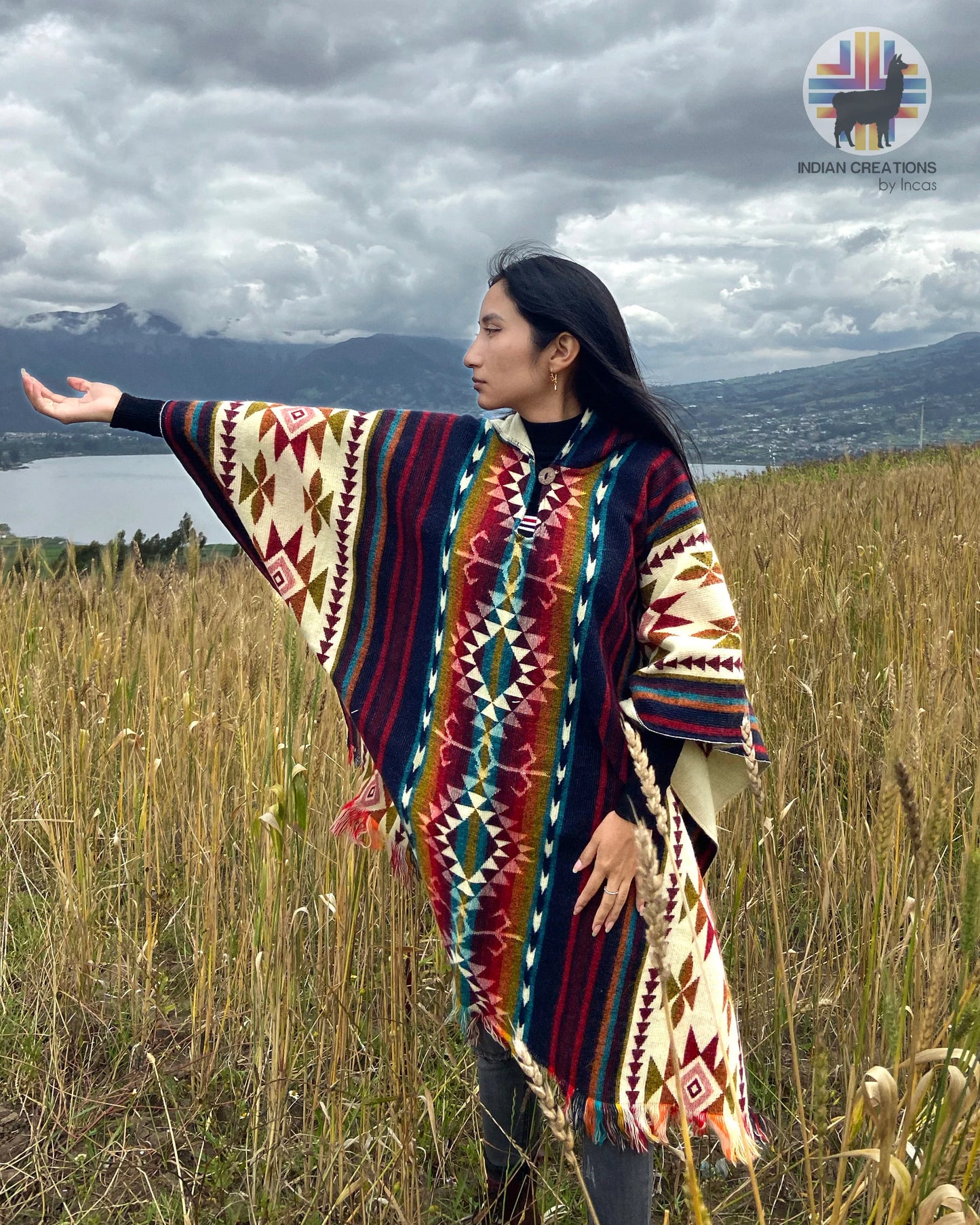 Alpaca Wool Poncho (Blue & Red). Unisex. Exclusive Design! Crafted by Indigenous Hands. One Size, a Hooded Poncho.Free SHIPPING! Gift Ideas.