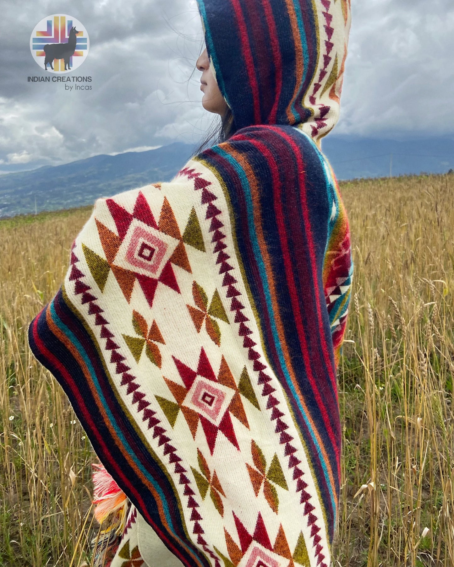 Alpaca Wool Poncho (Blue & Red). Unisex. Exclusive Design! Crafted by Indigenous Hands. One Size, a Hooded Poncho.Free SHIPPING! Gift Ideas.