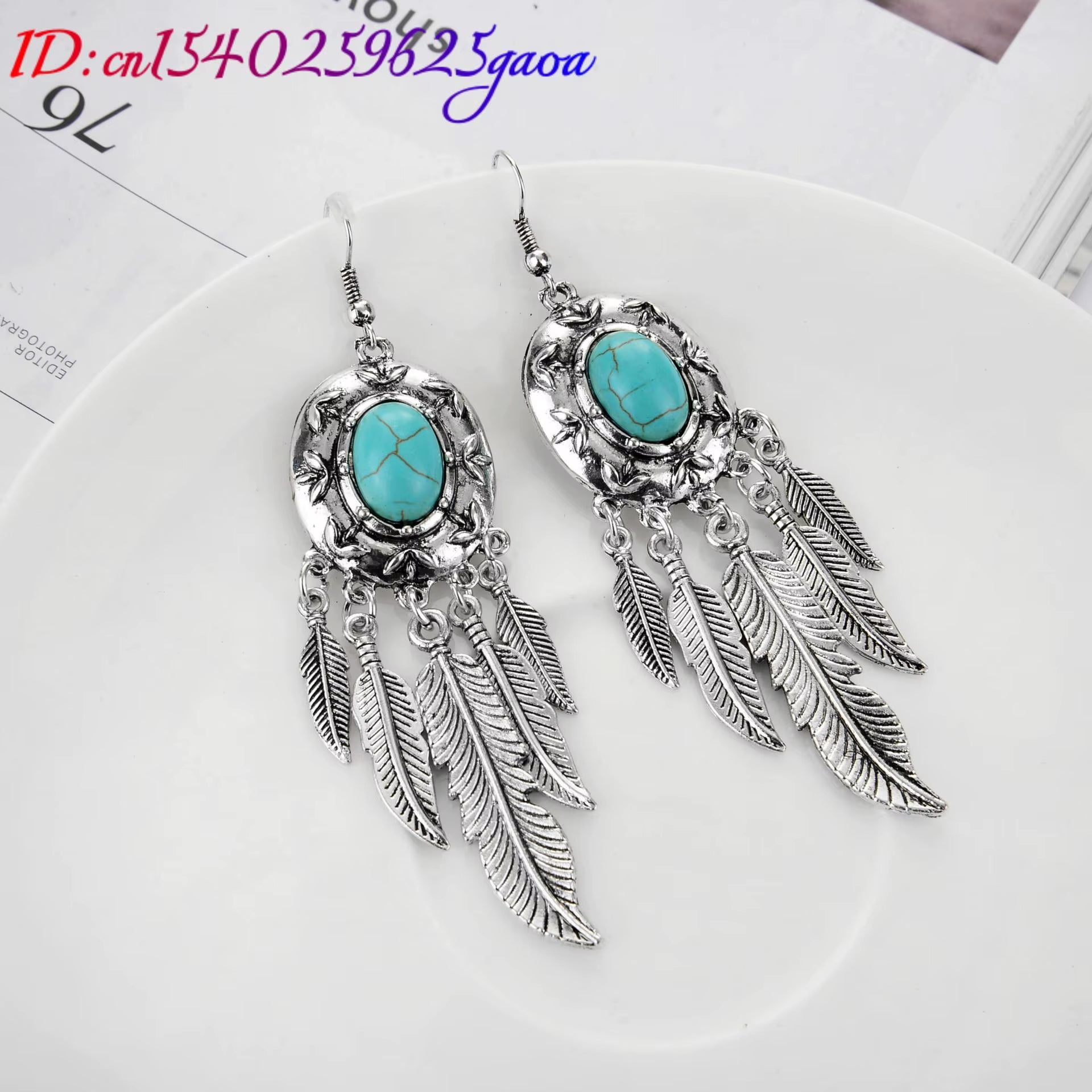 Natural Turquoise Earrings Carved Gemstone Fashion Accessories 925 Silver Luxury Stone Charm Real Jewelry Feather Amulet