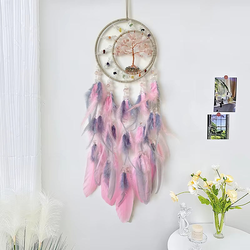 Dream Catcher Crystal Tree of Life Wind Chimes Nordic Hand-Woven Feathers Bedroom Hanging Ornaments Wall Decor Festival Gifts