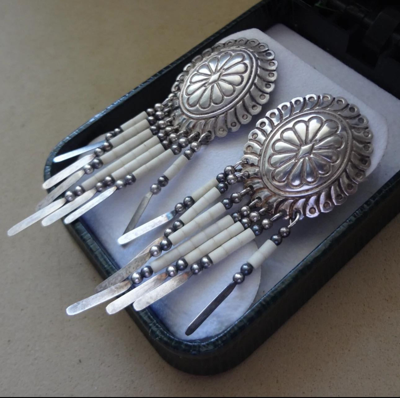 Native American Hammered Sterling Silver Earrings with White Beaded Tassels