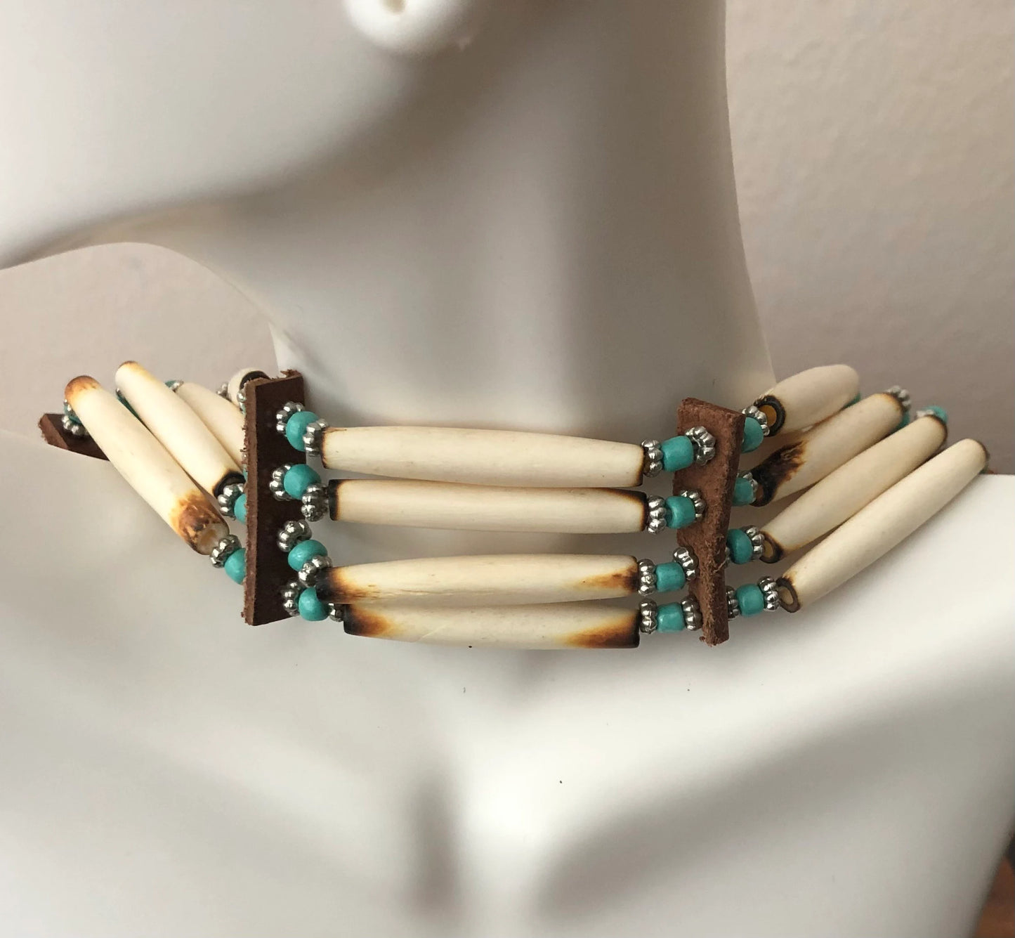 Buffalo Bone Bead Choker Tribal Necklace Turquoise Native American Indian Style 4 Strand