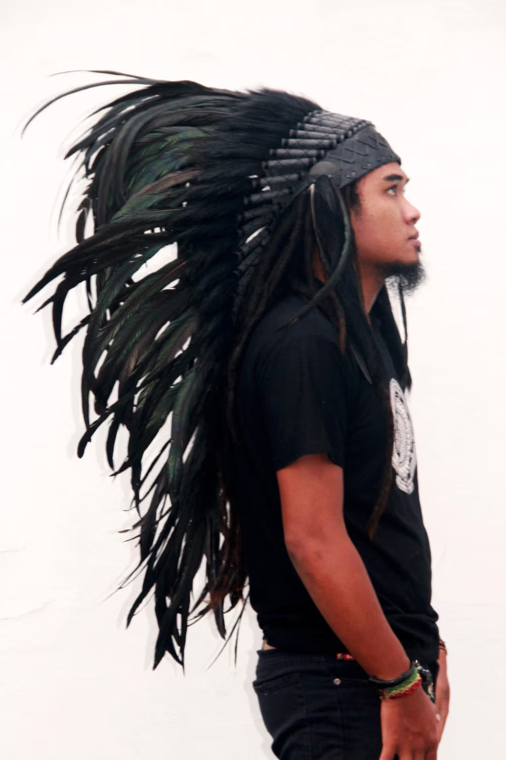 Black Feather Indian Headdress Replica Medium Lenght