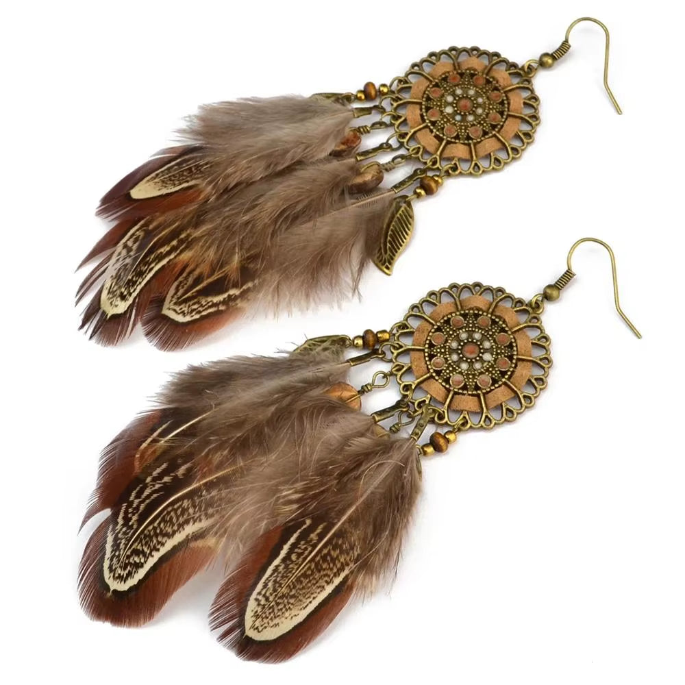 Fashion Long Tassel Brown Feather Bride Wedding Earrings Bohemian Vintage Wooden Beads Dangle Earrings for Women Indian Jewelry