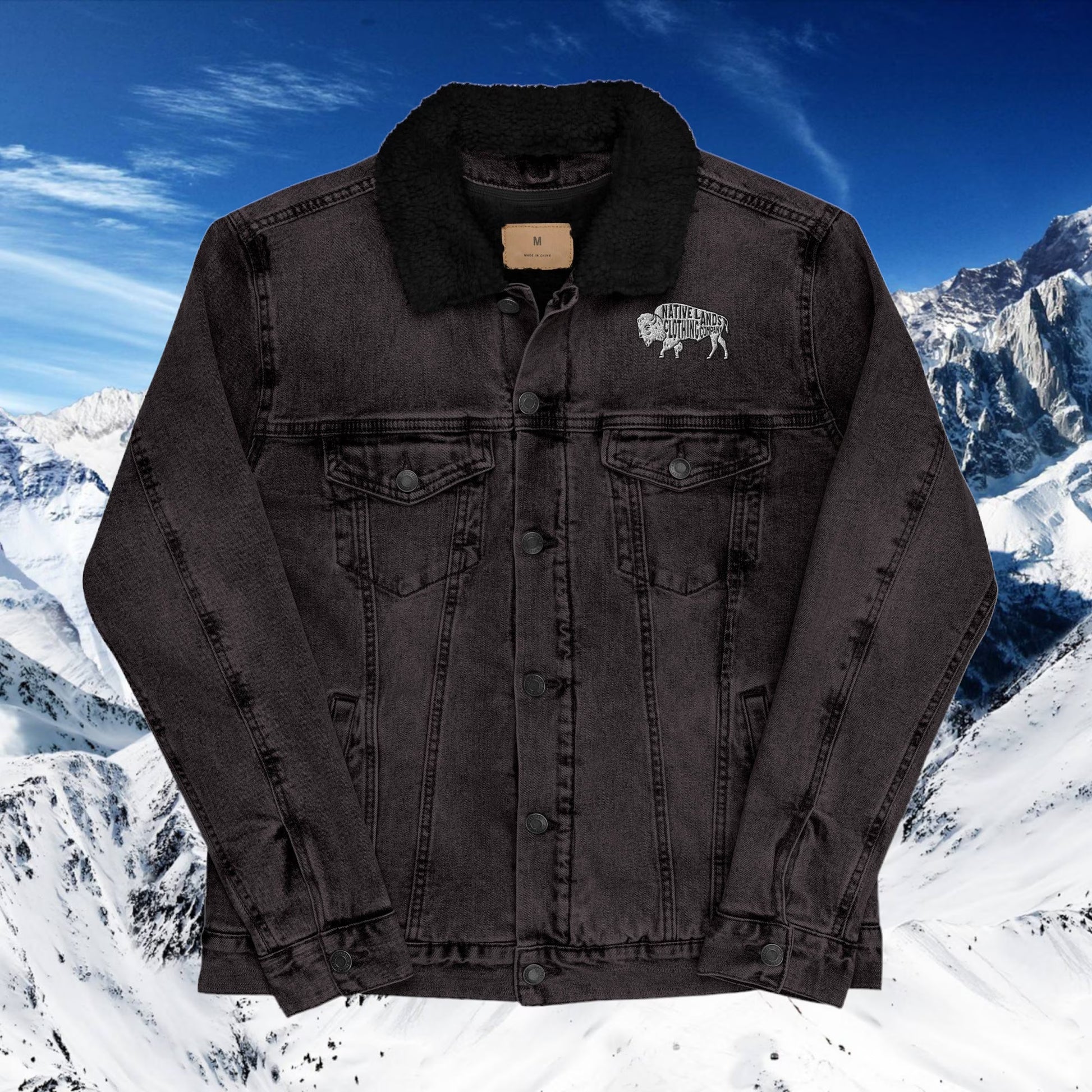 Bison Denim Embroidered Sherpa Jacket - Honoring First Nations, Inuit, Native American Cultures
