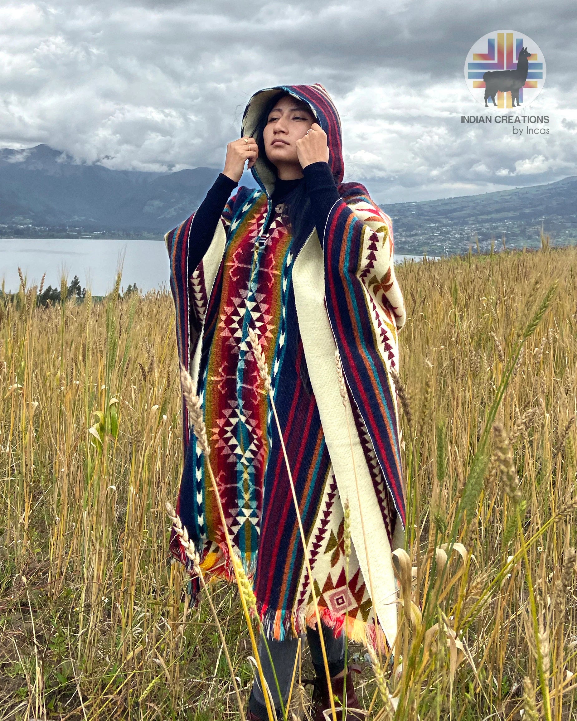 Alpaca Wool Poncho (Blue & Red). Unisex. Exclusive Design! Crafted by Indigenous Hands. One Size, a Hooded Poncho.Free SHIPPING! Gift Ideas.