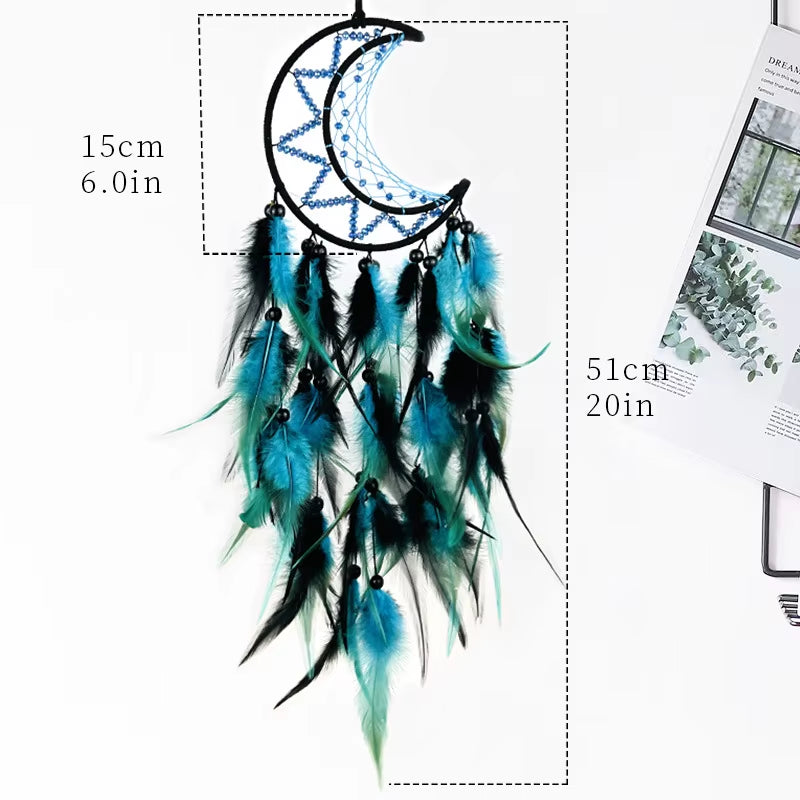 Indian Moon Dreamcatcher Wind Chimes Hand-Woven Feather Room Wall Hanging Ornament Creative Car Pendant Birthday Gift Home Decor