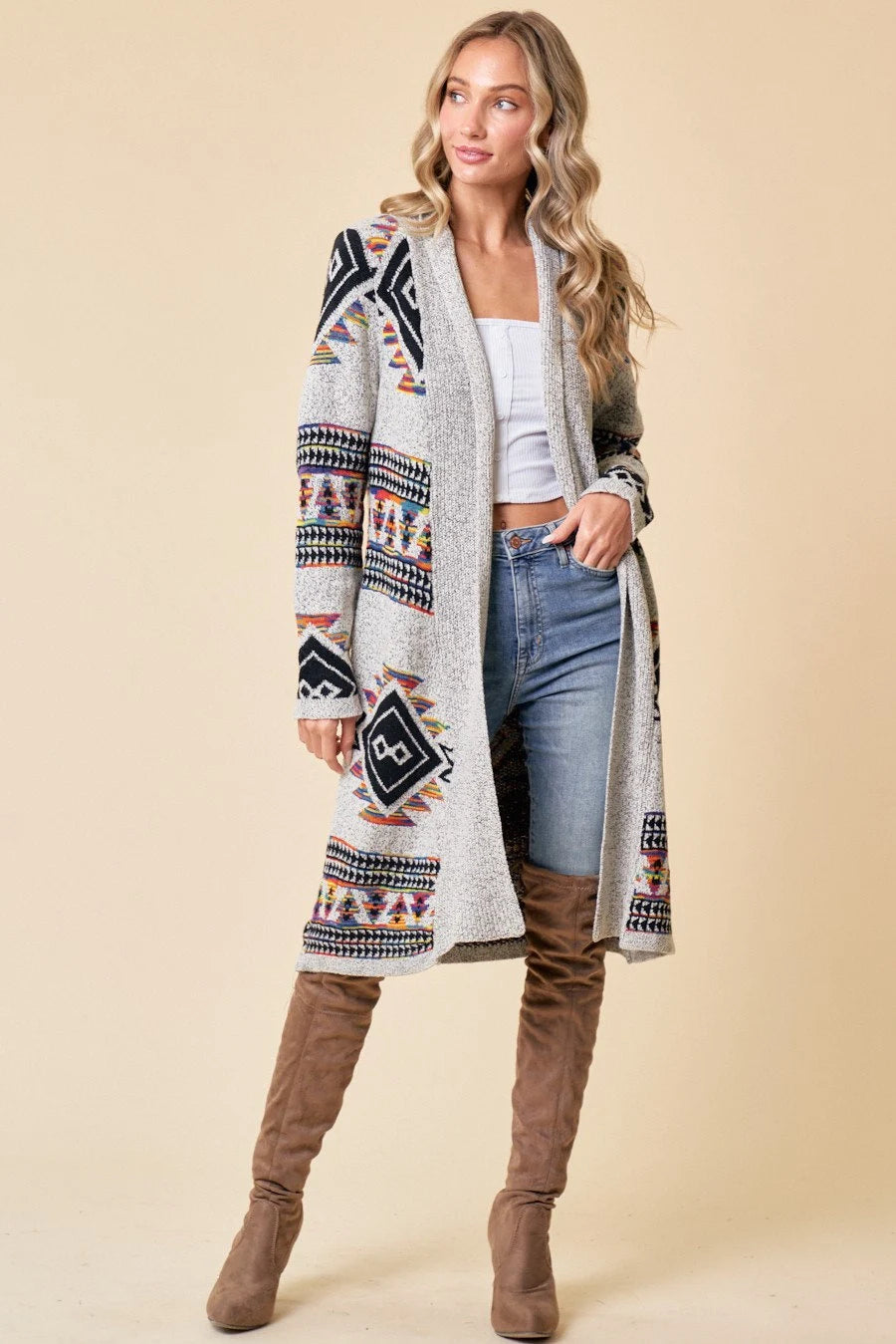 Boho Aztec Tribal Cowichan Southwestern Knit Long Cardigan Sweater Duster Coat Top Western Fall Winter Women'S Outerwear