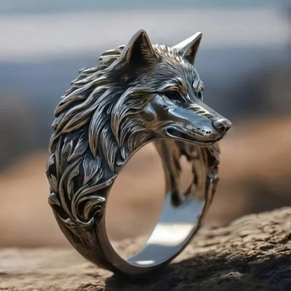 Vintage Wolf Head Men Trend Animal Exaggerated Domineering Hip Hop Personality Open Ring Jewelry