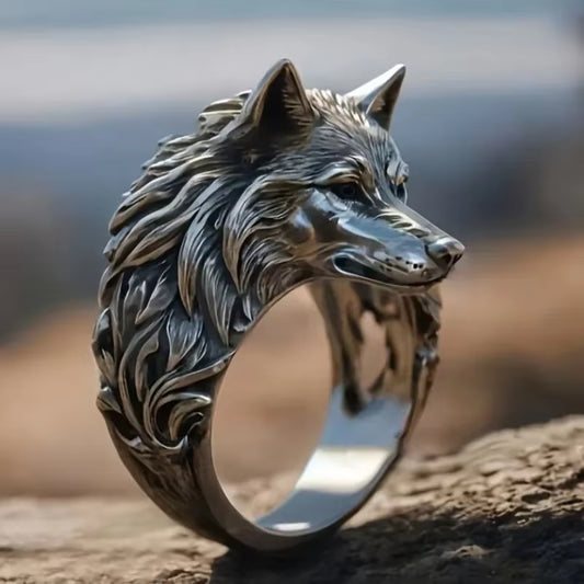 Vintage Wolf Head Men Trend Animal Exaggerated Domineering Hip Hop Personality Open Ring Jewelry