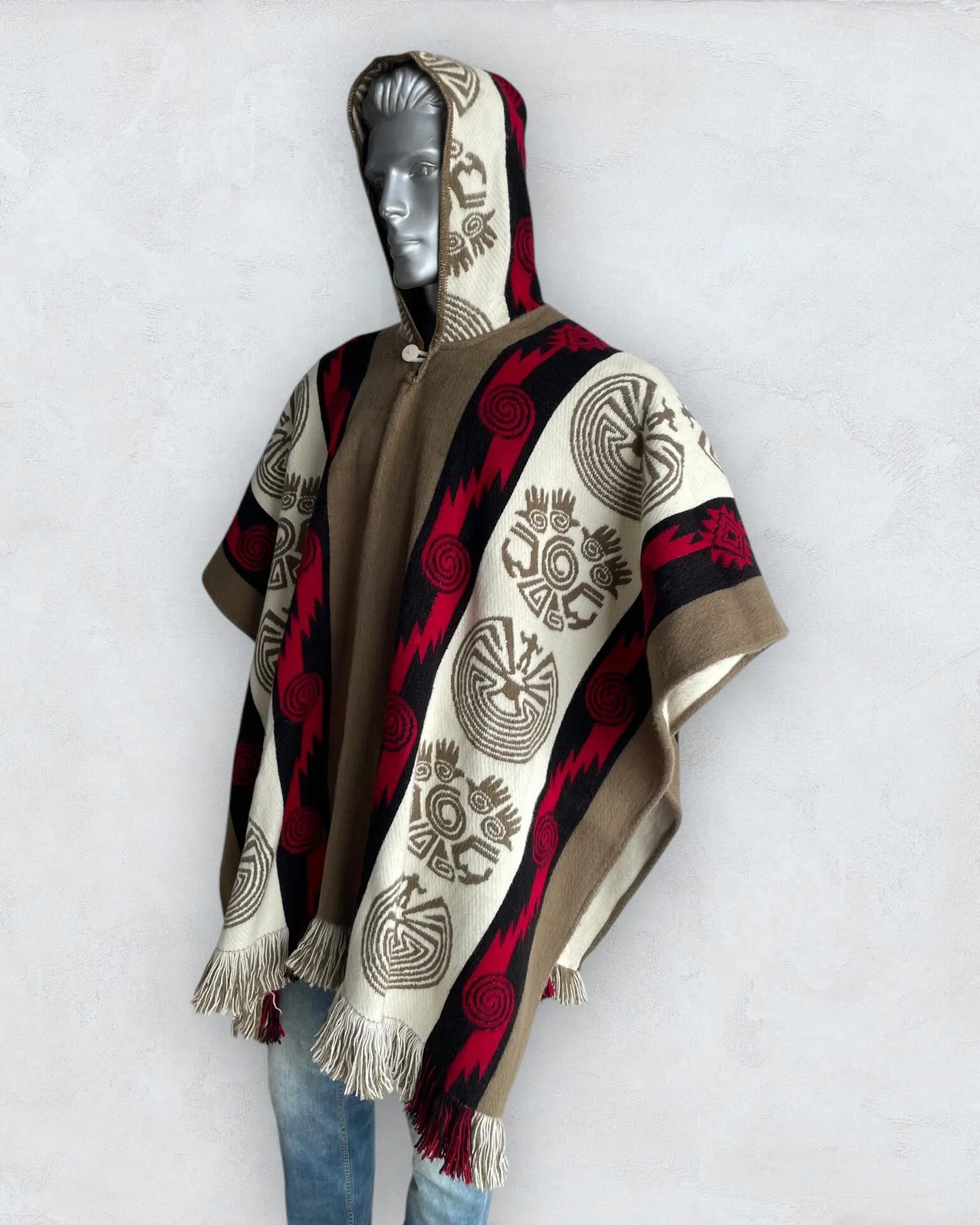 Alpaca Wool Poncho in Beige/Red. Navajo Southwestern Poncho Handcrafted by Indigenous Hands. Soft and Warm with Hood. One Size Unisex Use.