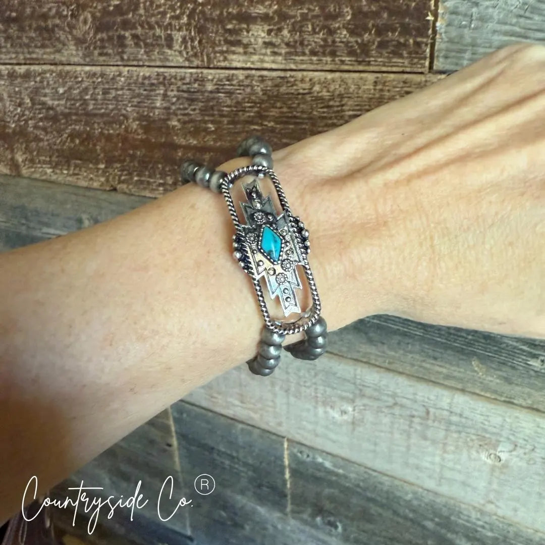 Aztec Bracelet with Navajo Pearls and Turquoise Accent
