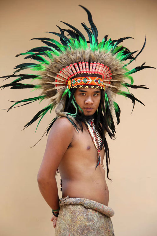 Green Feather Headdress: Short Native American Style Warbonnet