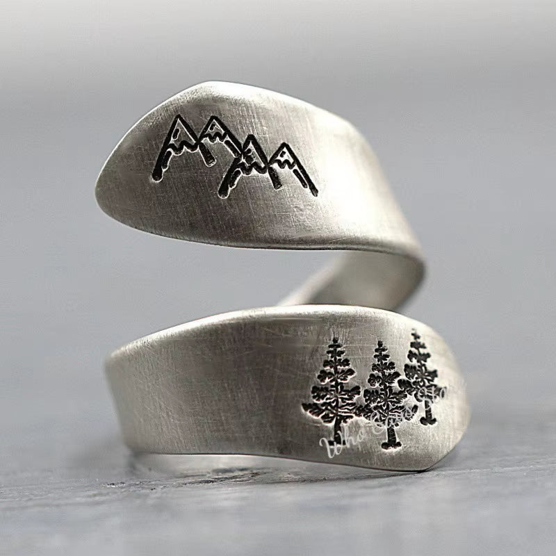 Vintage Rings for Women Men Forest Mountain Nature Landscape Carved Open Adjustable Finger Ring Aesthetics Jewelry Gifts