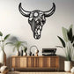1Pc Decorative Bull Skull Metal Wall Sculpture – Bohemian Long-Horned Water Buffalo Wall Décor, Floral Desert Wall Hanging