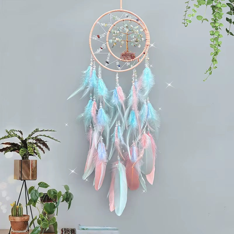 Dream Catcher Crystal Tree of Life Wind Chimes Nordic Hand-Woven Feathers Bedroom Hanging Ornaments Wall Decor Festival Gifts