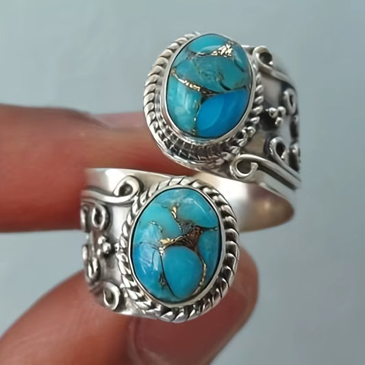 Vintage Wrap Ring Silver Plated Delicate Carving on the Surface Inlaid Turquoise Boho Style Jewelry Match Daily Outfits