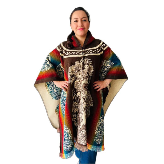 Alpaca Handmade Poncho | Catrina Skull Mexican Day of the Dead | Men or Women | Genuine Alpaca Wool One Size