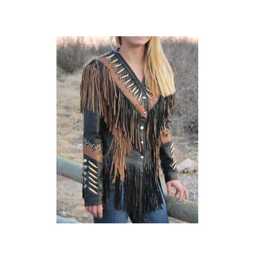 Women Native American Western Cowboy Real Leather Jacket Contrast Fringe & Bead SWJ-005