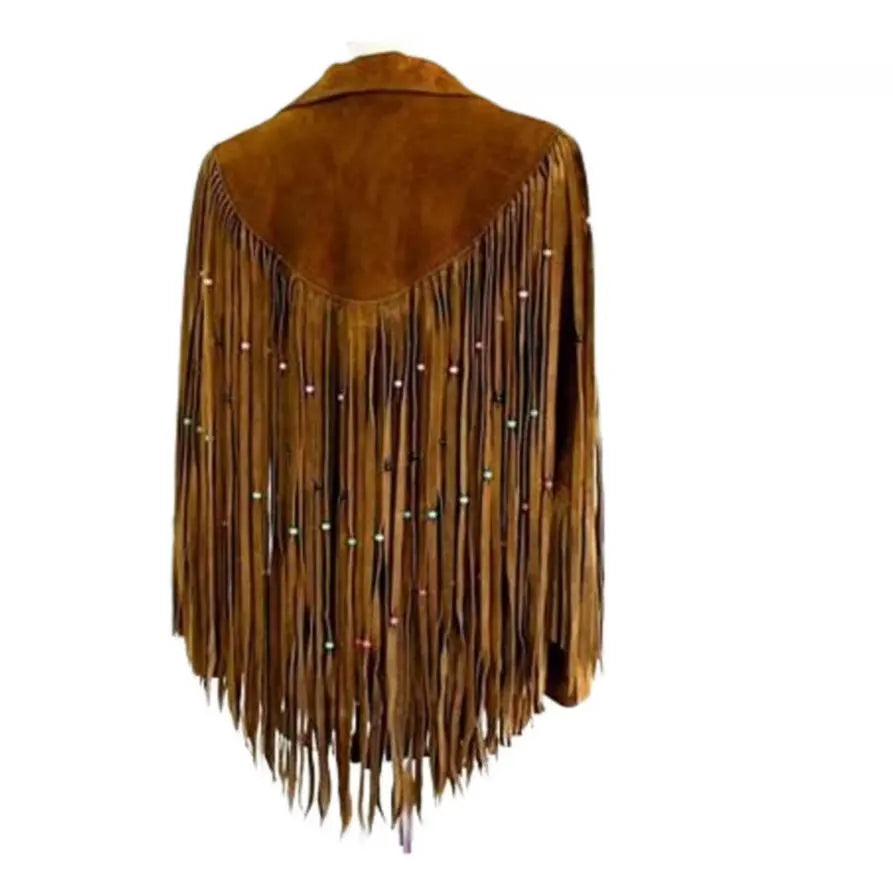 Women Native American Western Style Suede Leather Jacket with Long Fringes & Beads Work - Brown SB-WJ-001