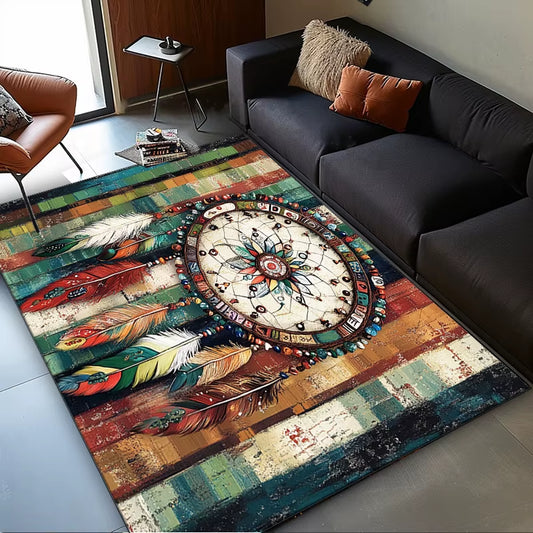 Dreamcatcher Feather Rug: Boho Chic Decor for Modern Homes | Native American Inspired Area Rugs | Vibrant Living Room Carpets