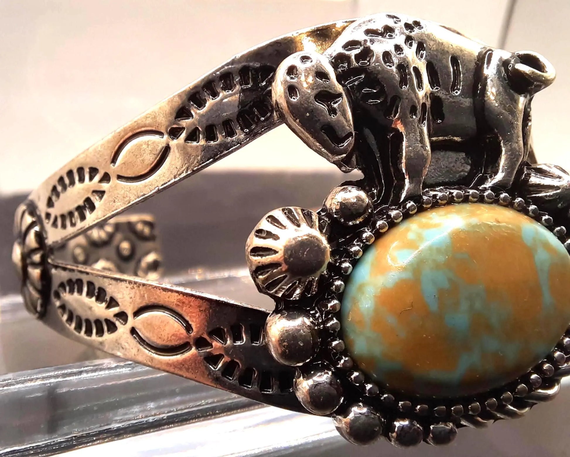 BRACELET- Western Concho Cactus Turquoise Buffalo Open Cuff Bangle