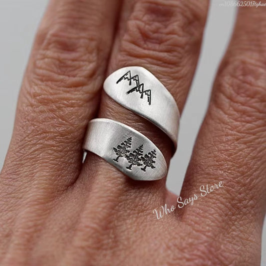 Vintage Rings for Women Men Forest Mountain Nature Landscape Carved Open Adjustable Finger Ring Aesthetics Jewelry Gifts