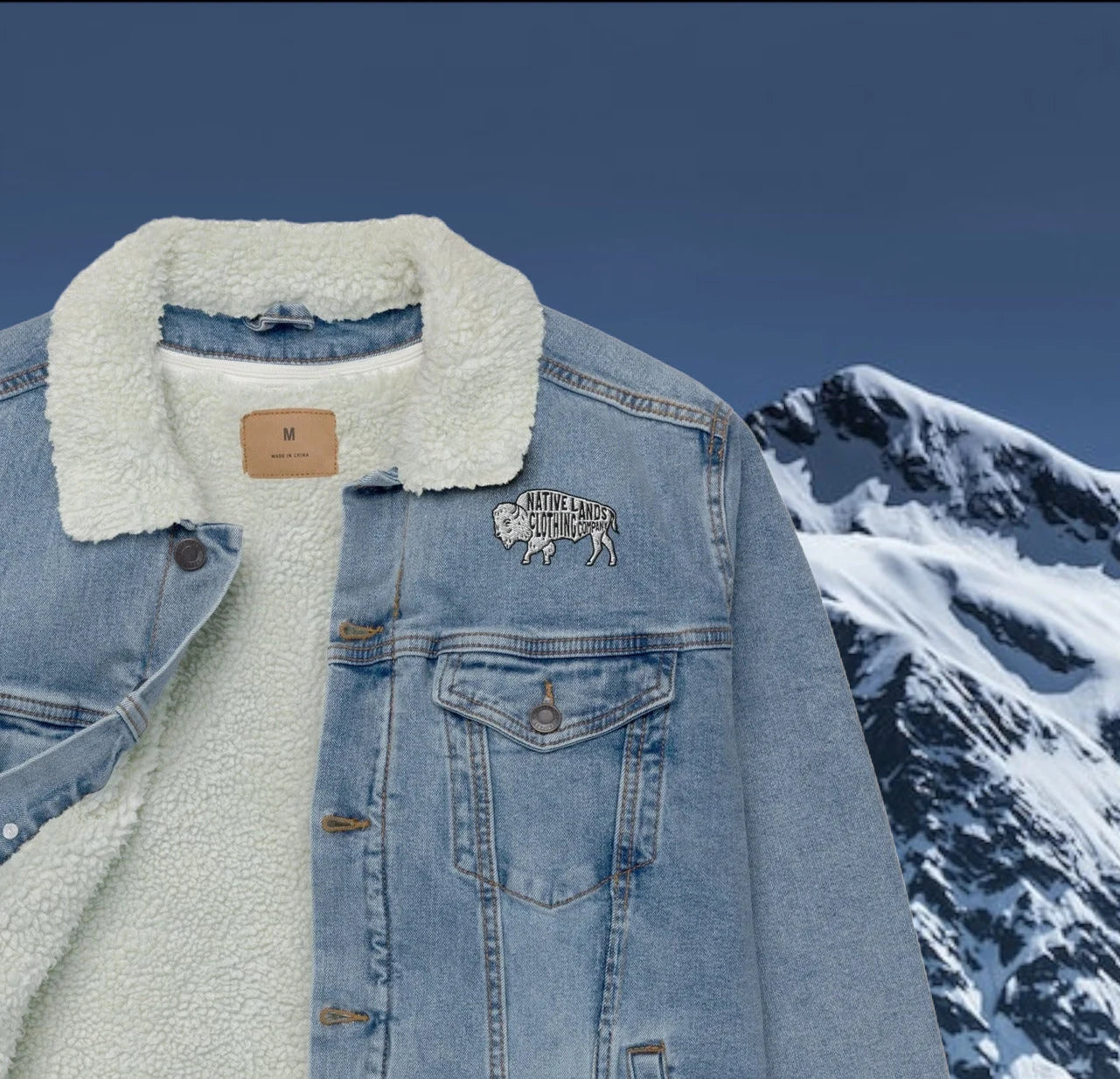 Bison Denim Embroidered Sherpa Jacket - Honoring First Nations, Inuit, Native American Cultures