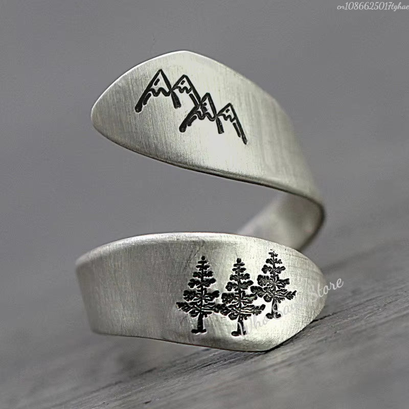 Vintage Rings for Women Men Forest Mountain Nature Landscape Carved Open Adjustable Finger Ring Aesthetics Jewelry Gifts