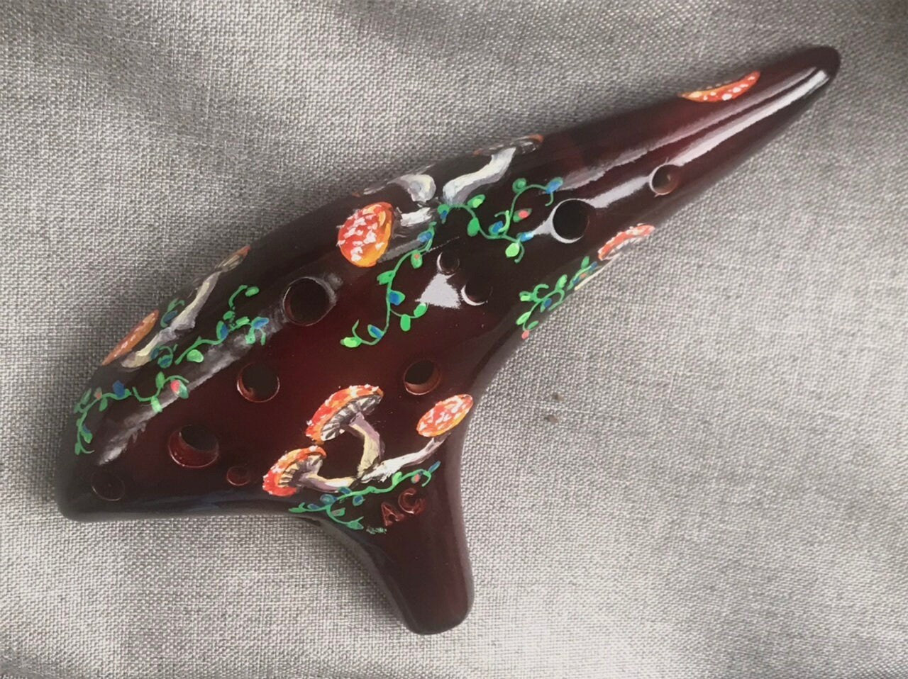 Hand-Decorated Ceramic Ocarina - Mushroom Design