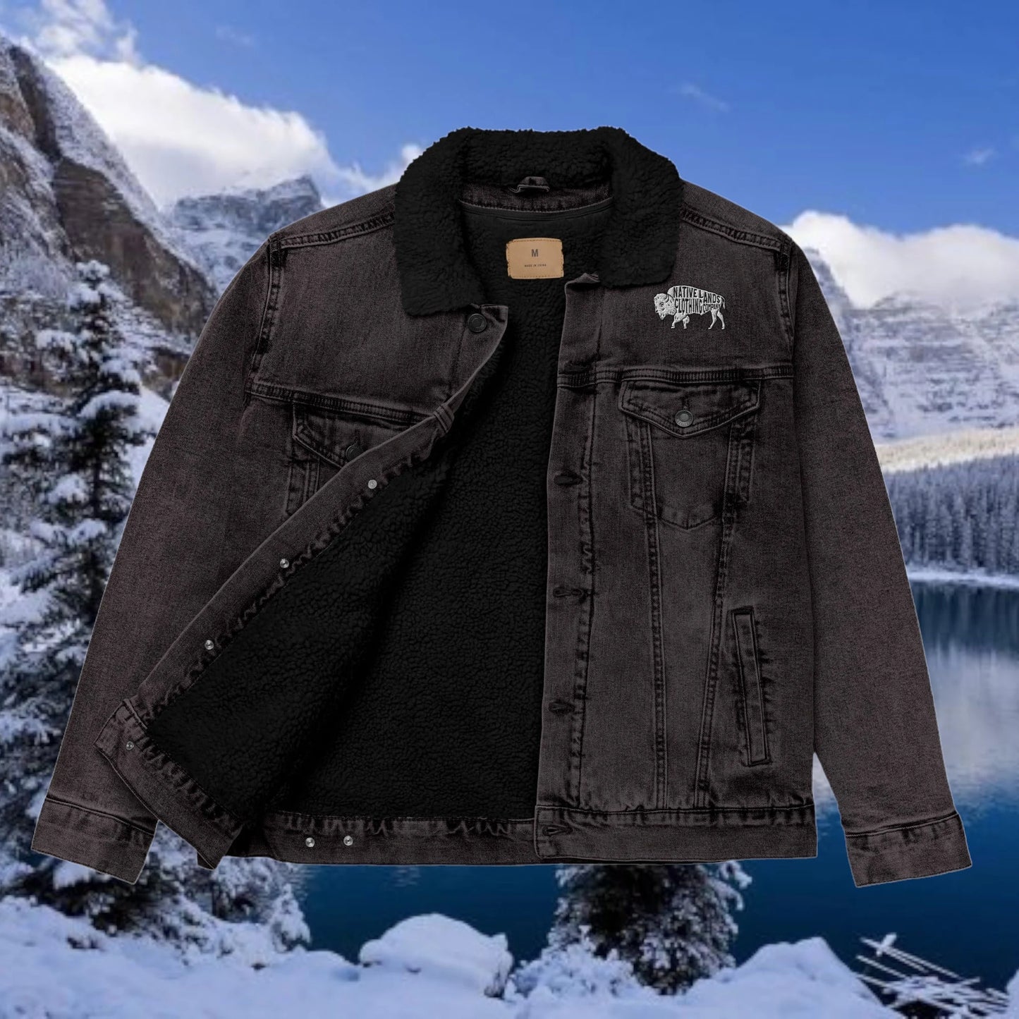 Bison Denim Embroidered Sherpa Jacket - Honoring First Nations, Inuit, Native American Cultures