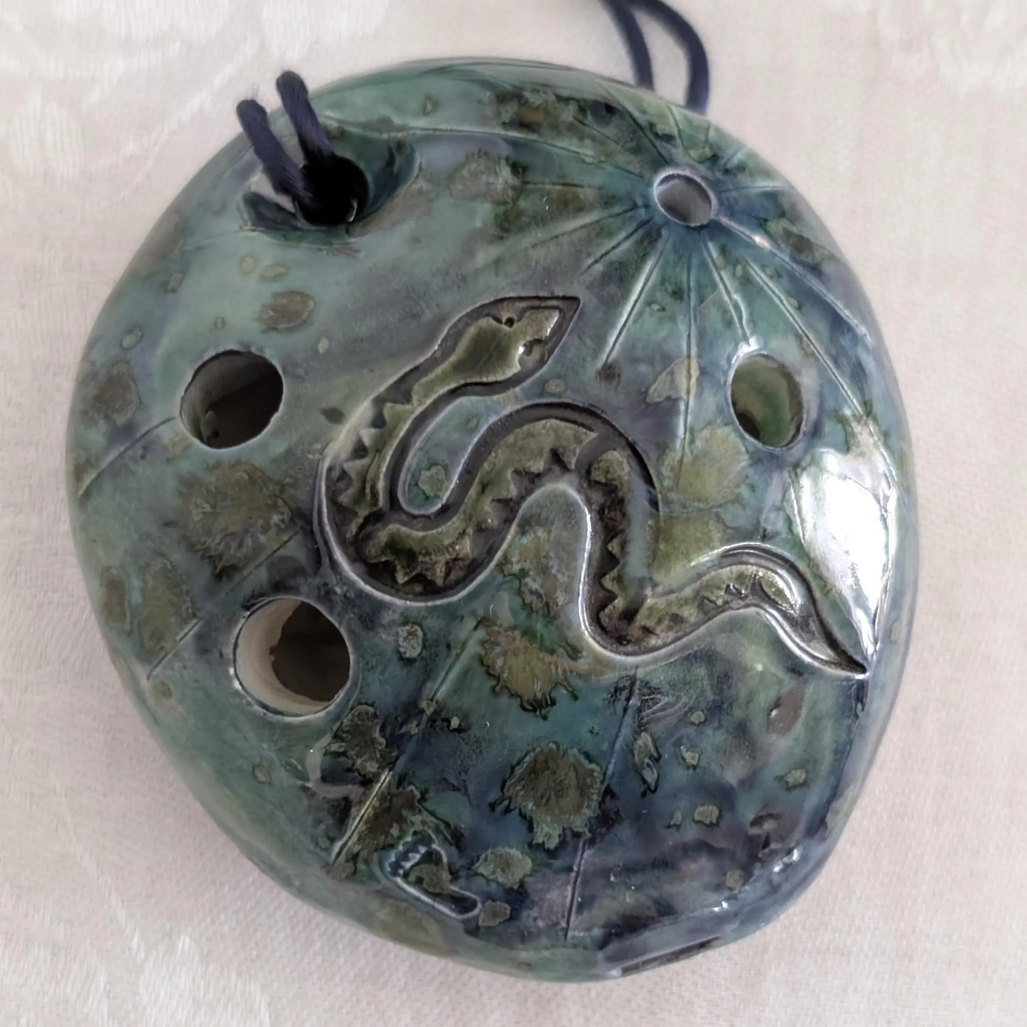 Vintage Artisan-Made 5-Hole Flute, Whistle, Ocarina, Southwest Theme, Snake, Cactus, Footprint
